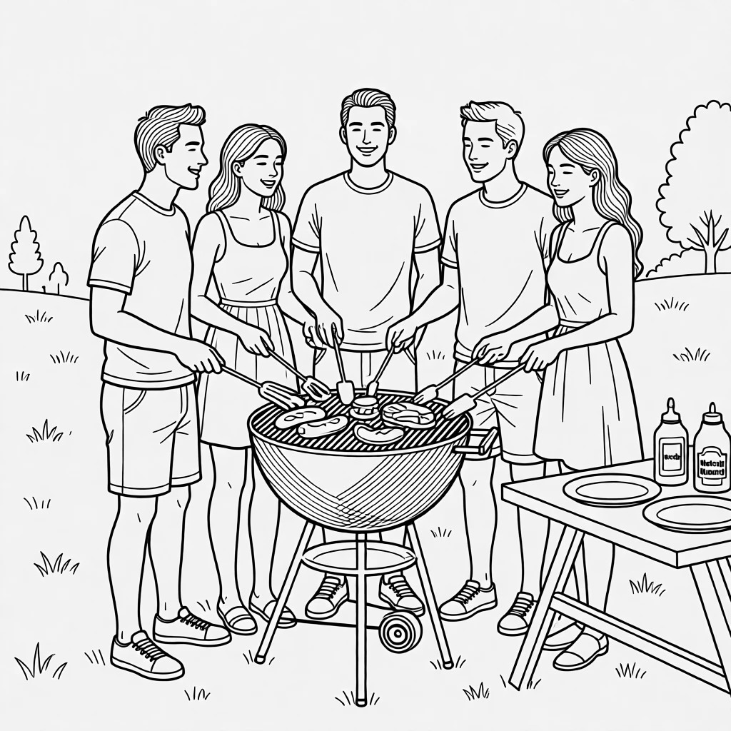 A summer barbecue with friends gathered around a grill