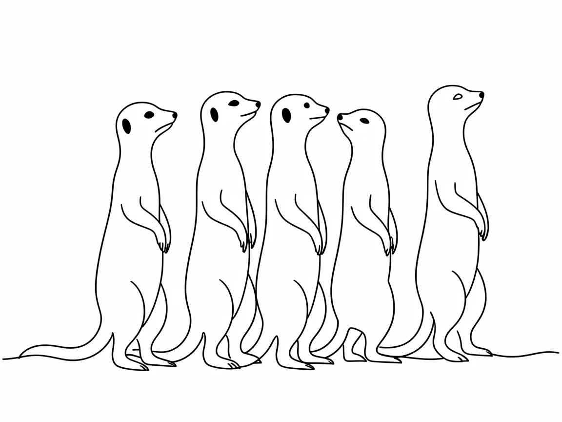 A family of meerkats standing upright on their hind legs, scanning the desert horizon