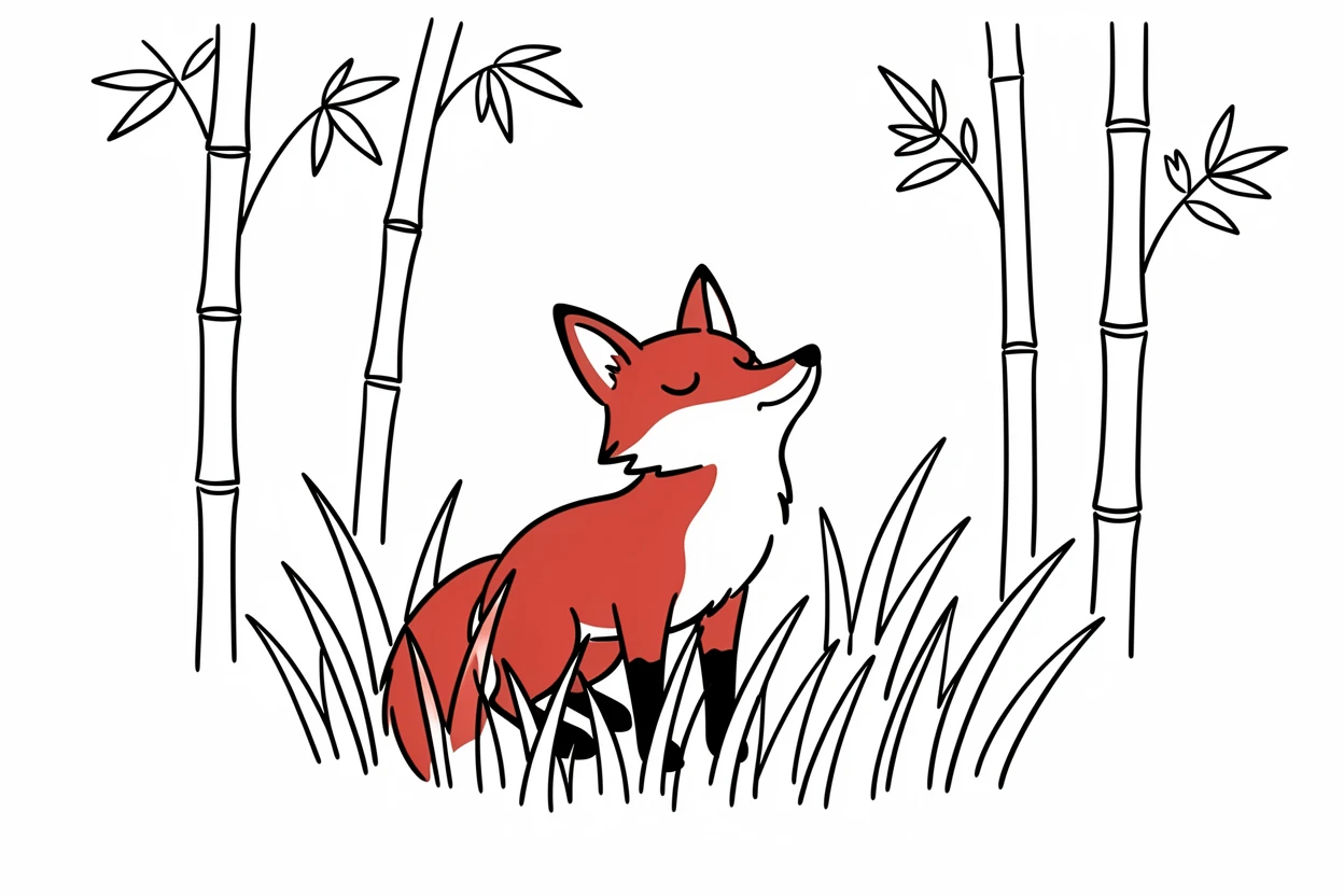 A red fox in tall grass in a peaceful bamboo forest mid-yawn and stretching.