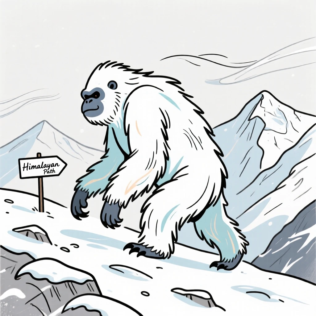 A yeti wandering across a snowy Himalayan mountainside.
