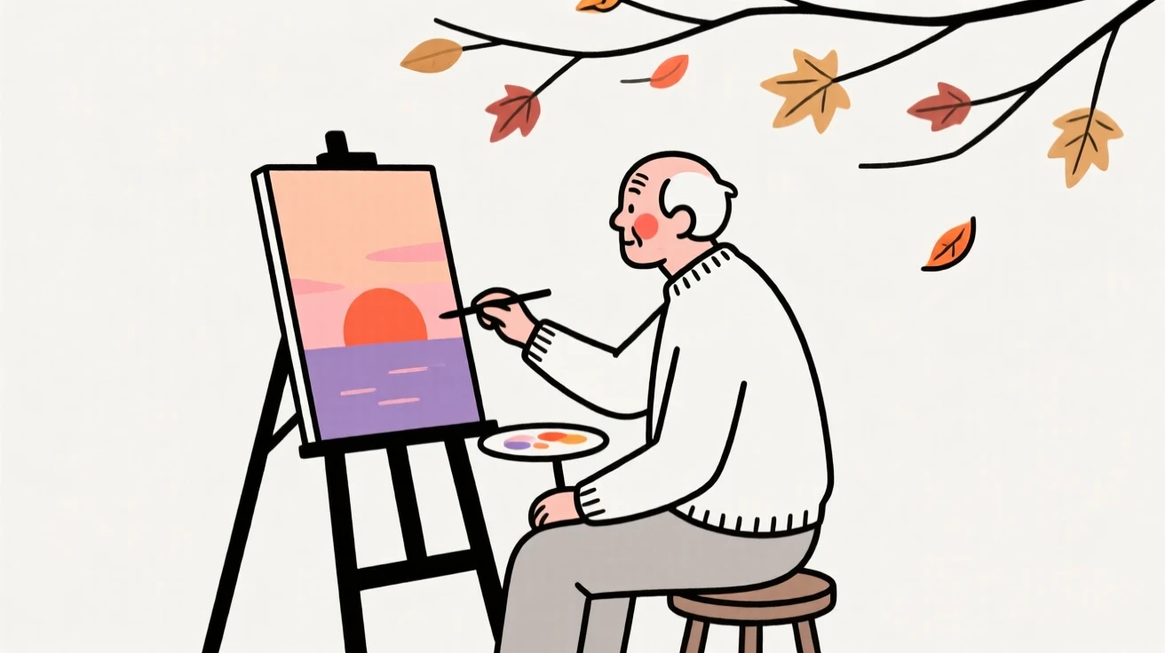 An elderly man painting a sunset on canvas, under a canopy of autumn leaves.