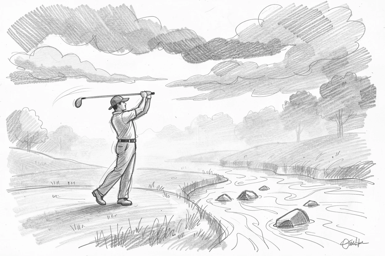 An energetic scene of a golfer mid-swing on a misty morning course beside a rushing river, with dramatic clouds rolling in overhead.