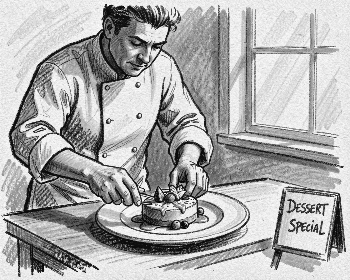 A chef plating a beautifully arranged dessert, on a quiet, peaceful afternoon.