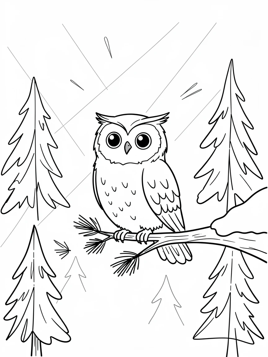 A wise old owl stretching in the morning light in a snowy pine forest at sunrise.