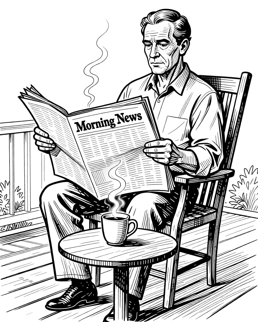 A man reading the morning paper on his porch with a cup of coffee.