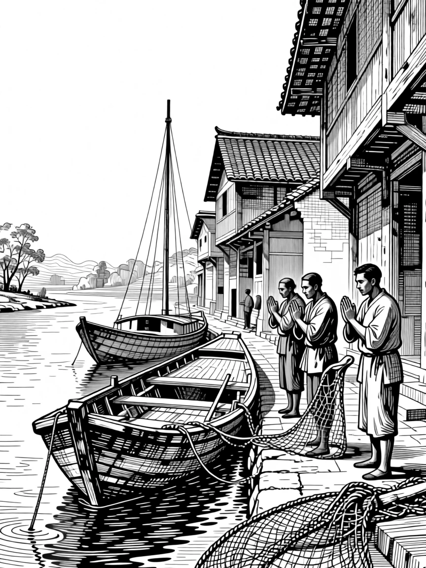 A fisherman's village with traditional wooden boats beside a river that has flowed for generations, with a sense of ceremony in every gesture, portrayed in a solemn and dignified historical scene.