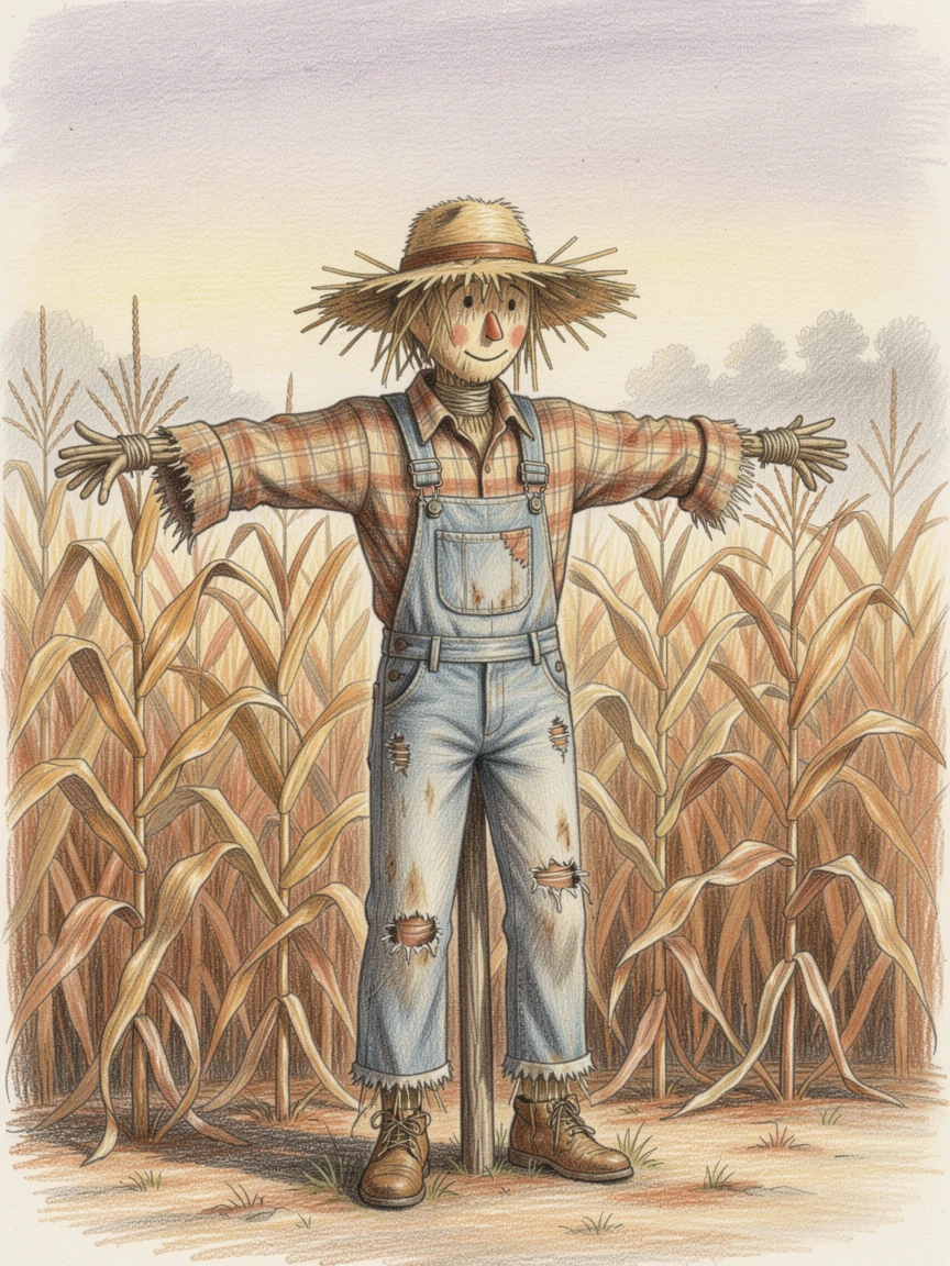 A rustic scarecrow standing guard over a autumn cornfield, set against a softly lit, atmospheric backdrop, capturing a quiet story that lingers with the viewer.