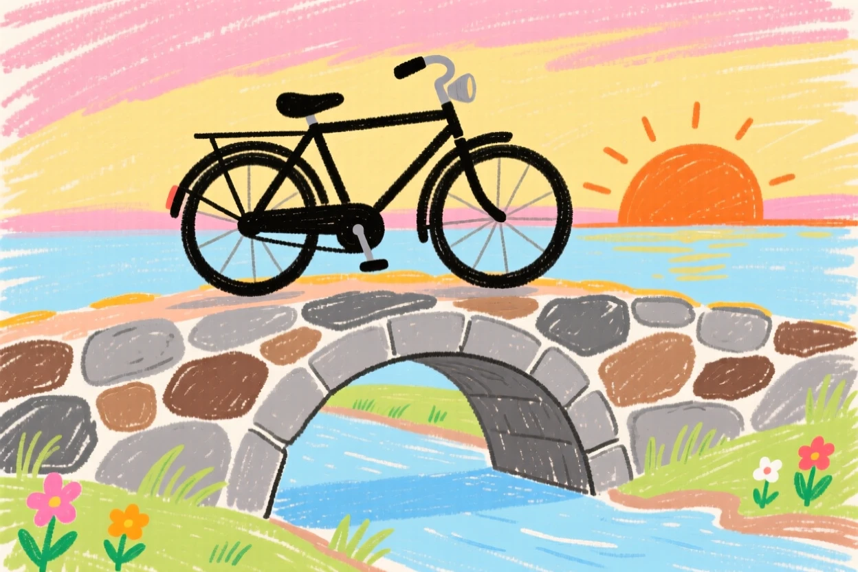 A vintage bicycle crossing an old stone bridge at sunrise.