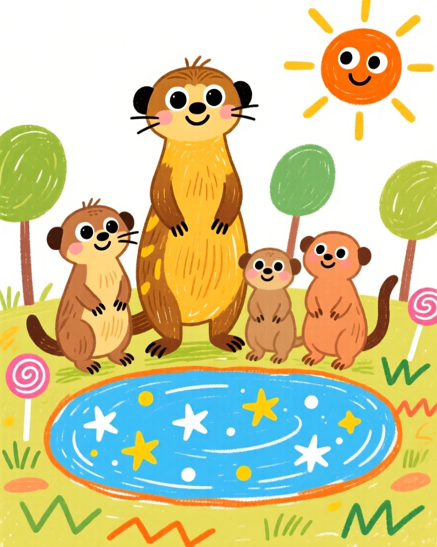 A family of meerkats standing watch beside a sparkling watering hole.