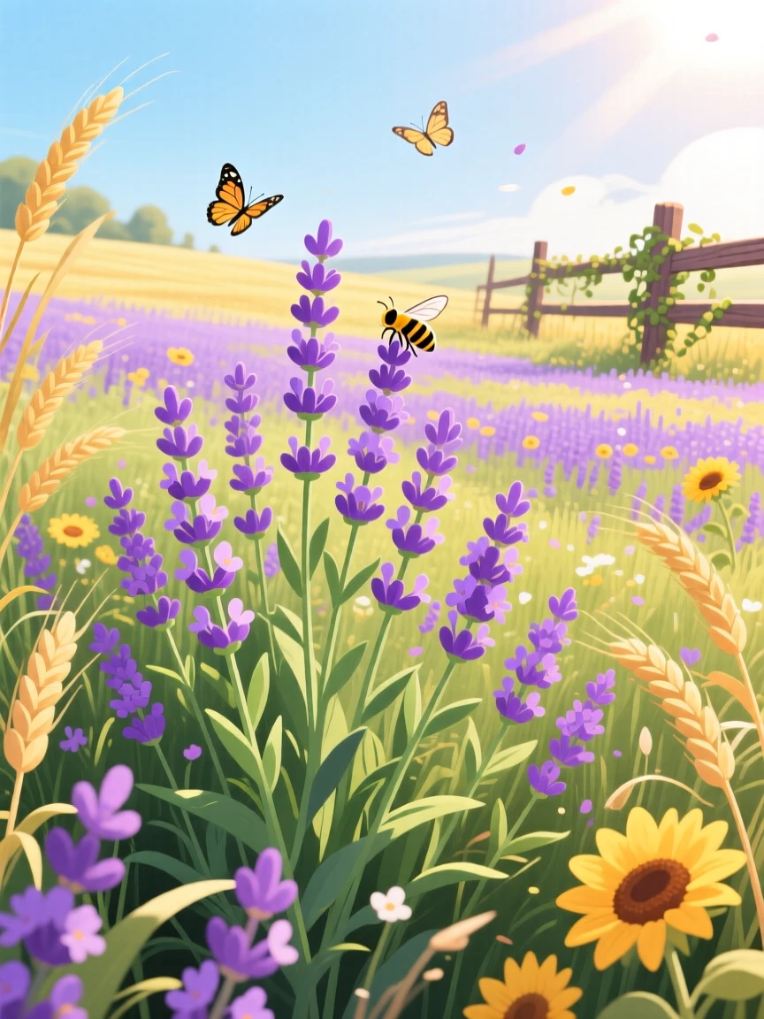 A field of blooming lavender welcoming the height of summer, surrounded by natural seasonal textures and light, arranged with a cheerful, seasonal charm, with charming small details that evoke the season perfectly.