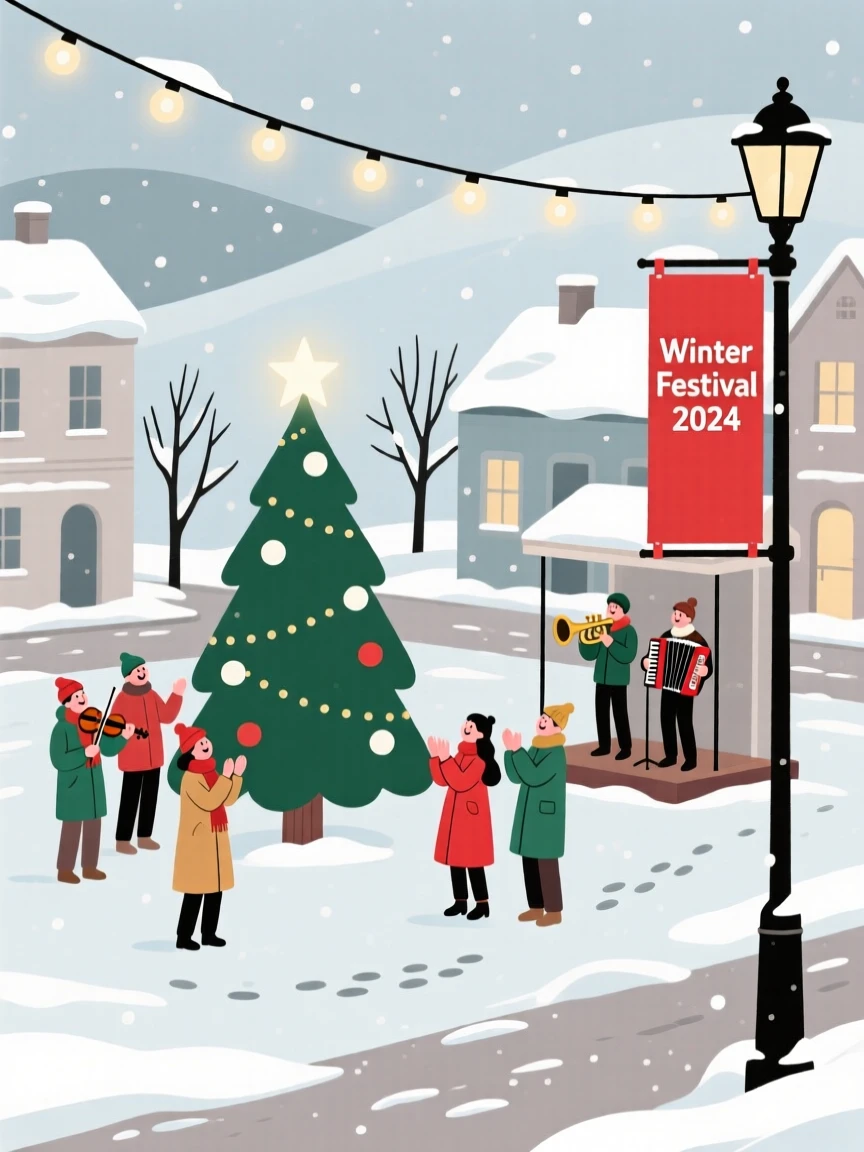 A winter celebration with festive music filling a small town square.