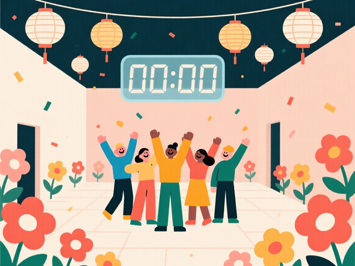 A joyful New Year's countdown taking place in a flower-filled courtyard, decorated with paper lanterns, full of shared happiness.