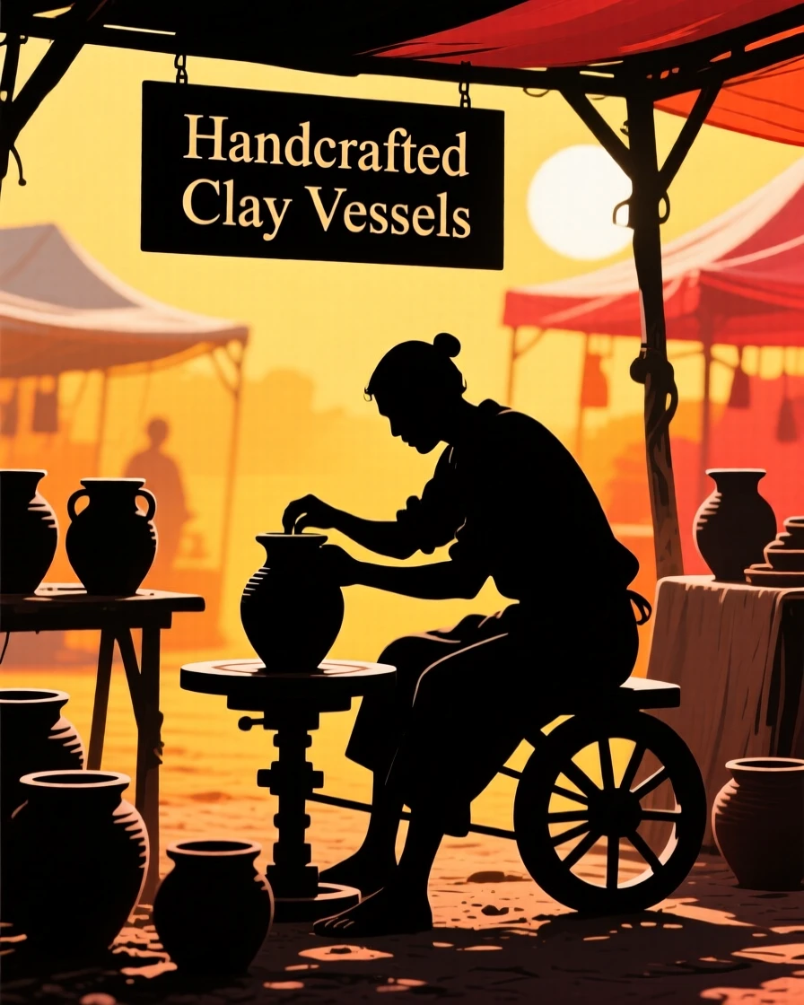 A potter shaping traditional clay vessels at an open-air market stall.