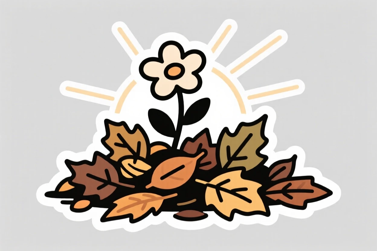 A tenderly hopeful scene of a single flower blooming through a pile of autumn leaves, framed by soft rays of morning sun, capturing a moment of pure hope.