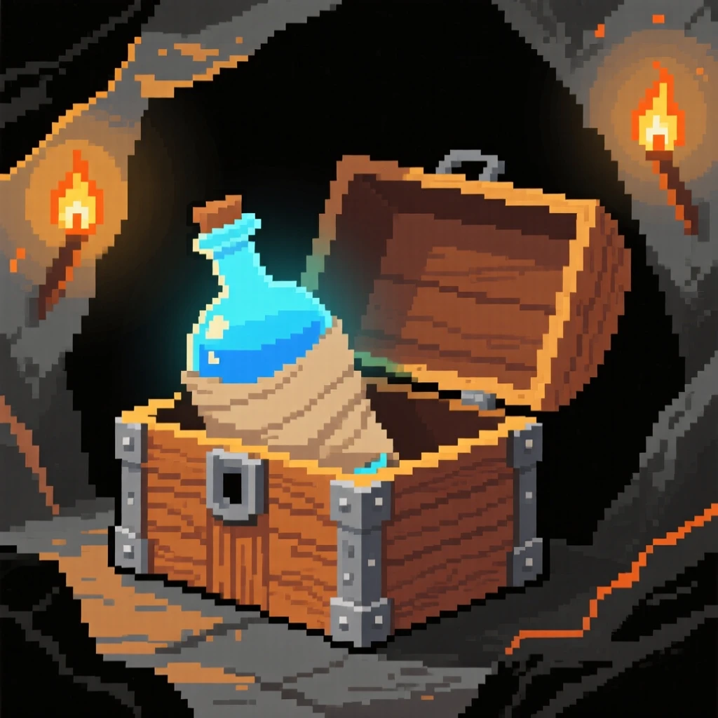 A potion bottle glowing faintly blue wrapped in a cloth inside a wooden box, within a cave lit by torchlight.
