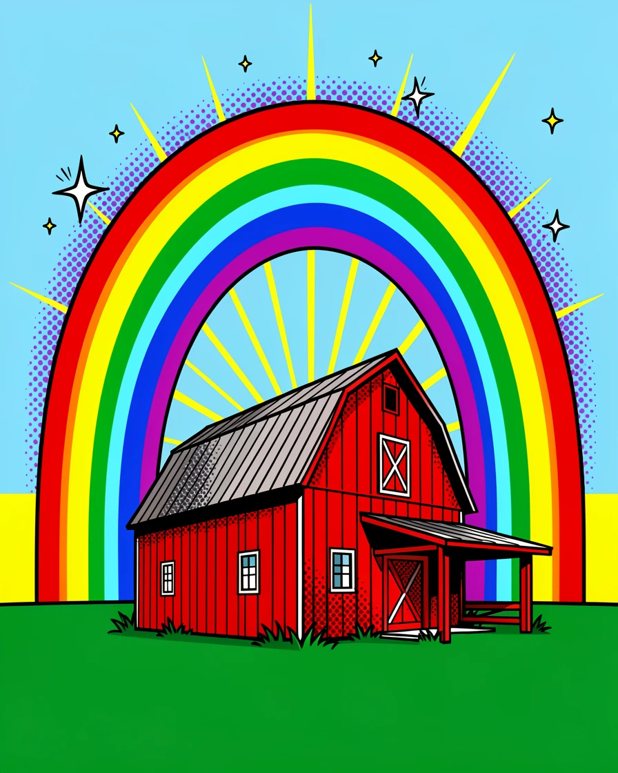A barn framed by a striking double rainbow
