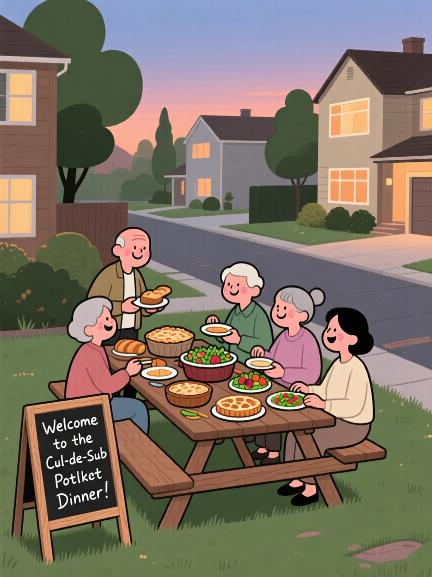 Neighbors gather for a potluck dinner in the quiet cul-de-sac, sharing homemade dishes and conversation as laughter fills the warm evening air.