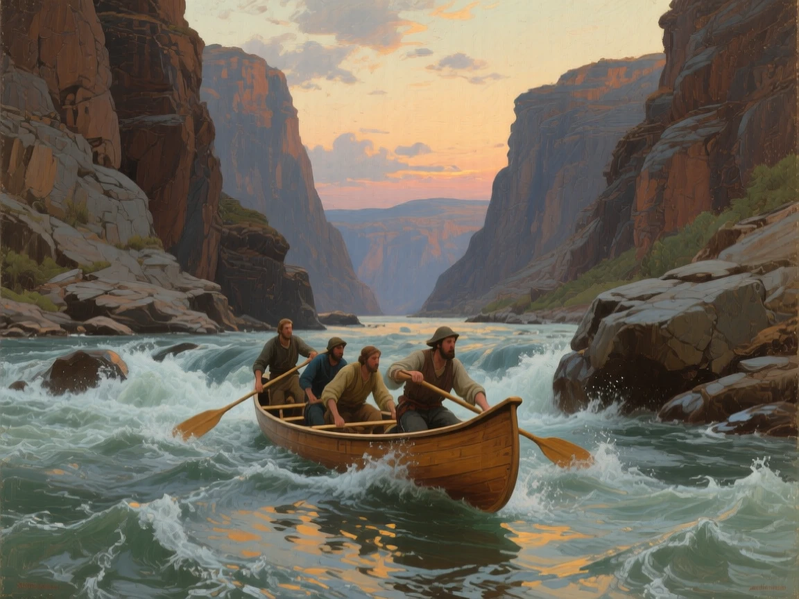 A medium shot of a canoe expedition navigating rapids through a rugged canyon, at twilight, beneath drifting clouds.