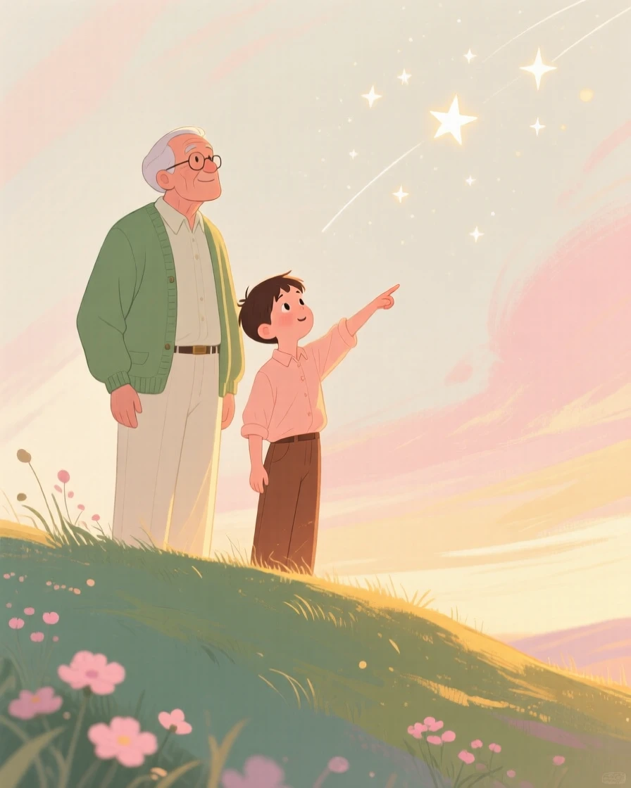A grandfather and grandson stargazing from a hilltop
