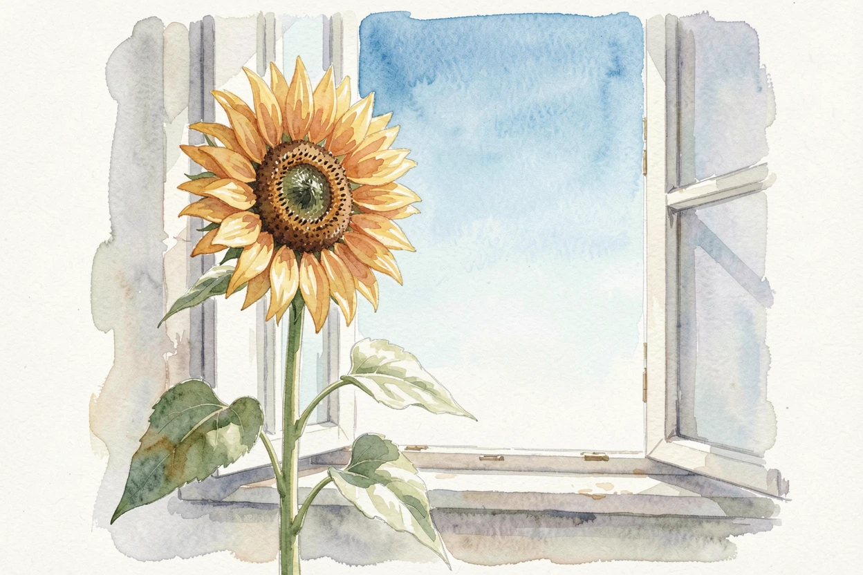 A single sunflower against a bright sky beside an open window.