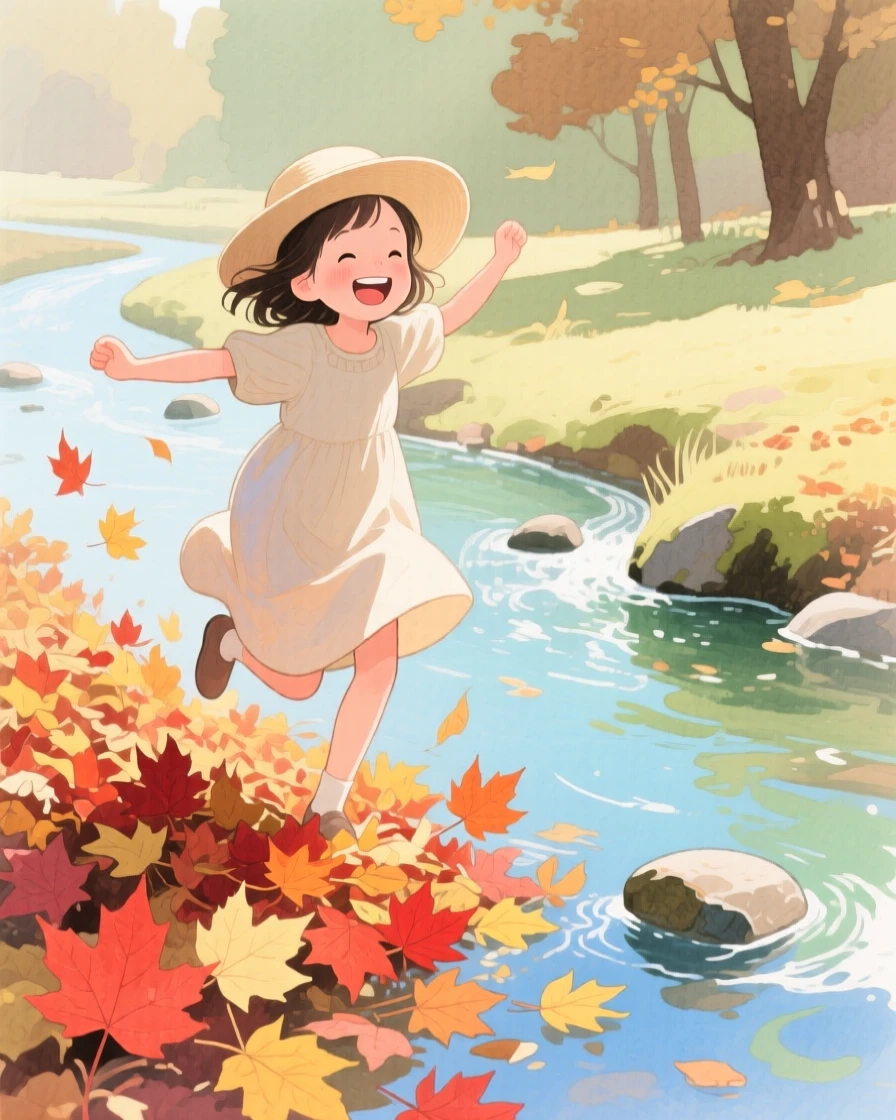 A girl in a sun hat jumps through piles of autumn leaves near a babbling brook, laughter and joy filling the warm afternoon air