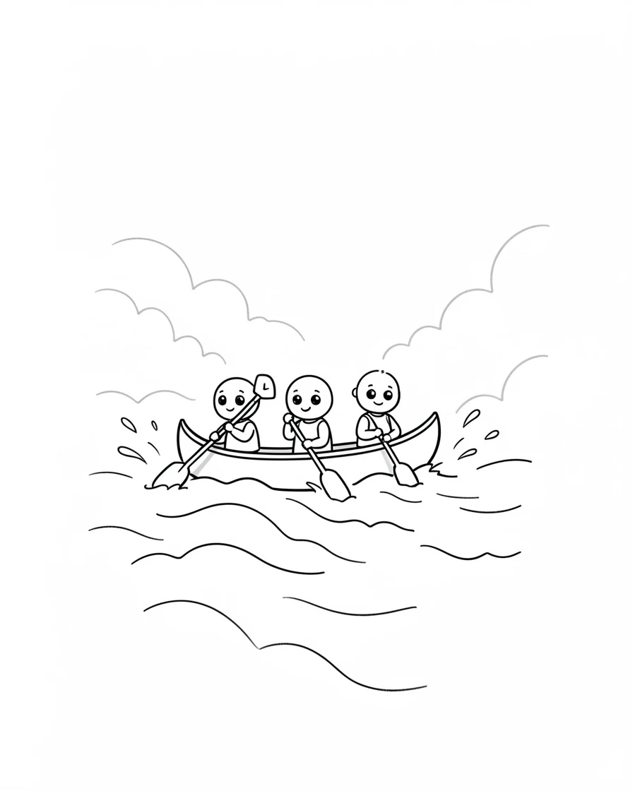 A group of paddlers navigating a canoe through misty river rapids