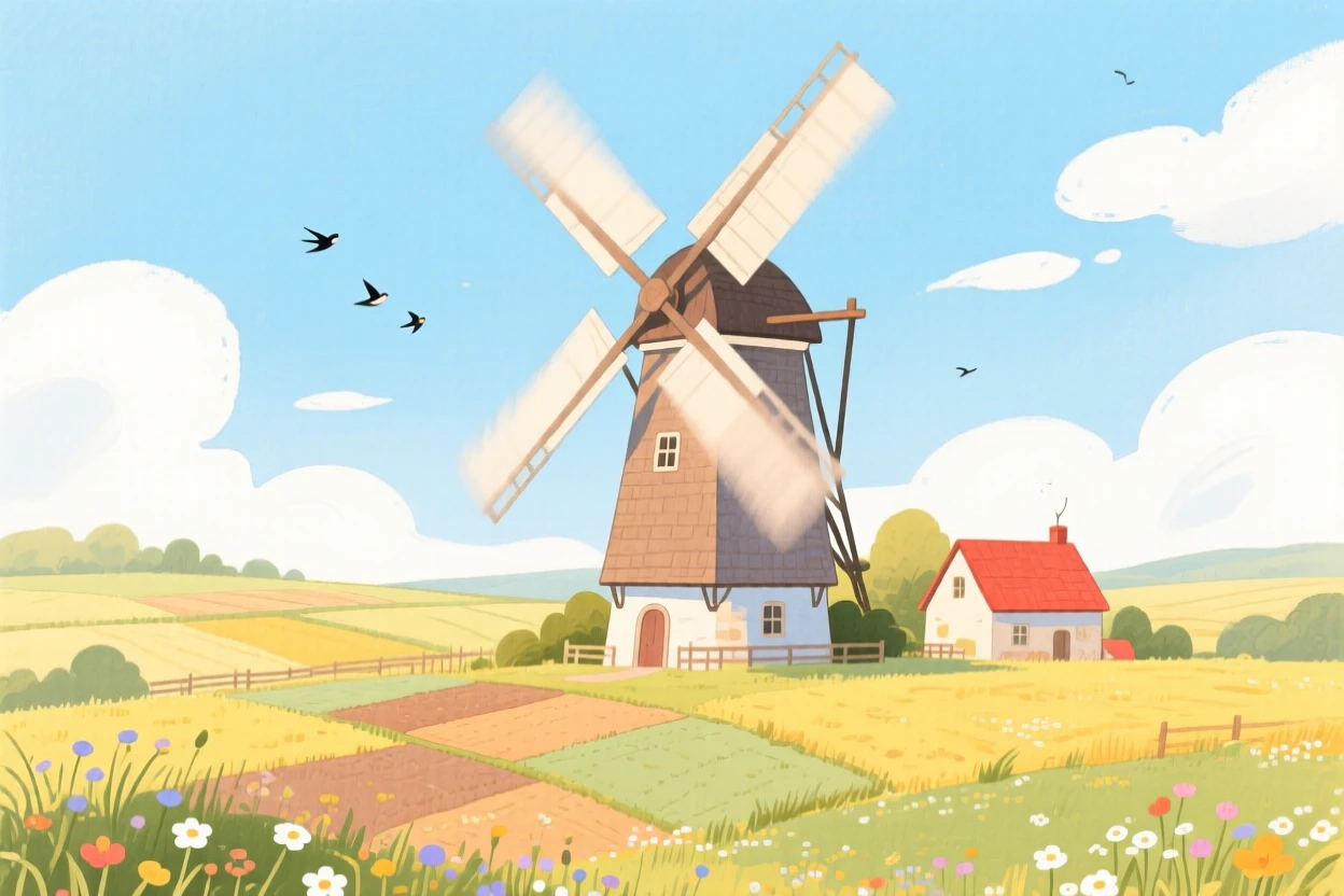 A picturesque view of a farmhouse windmill turning in a summer breeze.