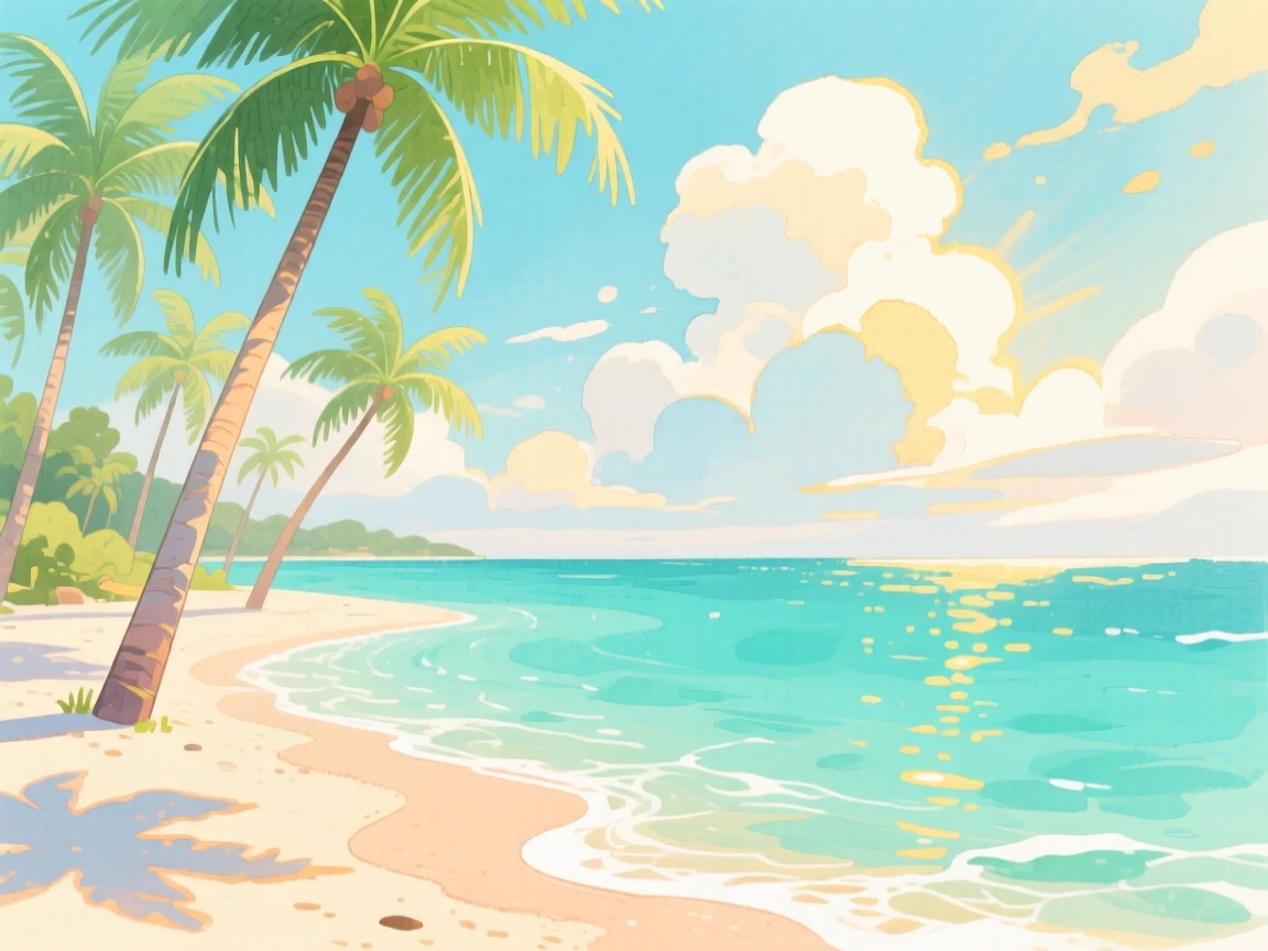 A tropical beach with turquoise water and swaying palms, with golden light breaking through scattered clouds, evoking peaceful serenity and awe.