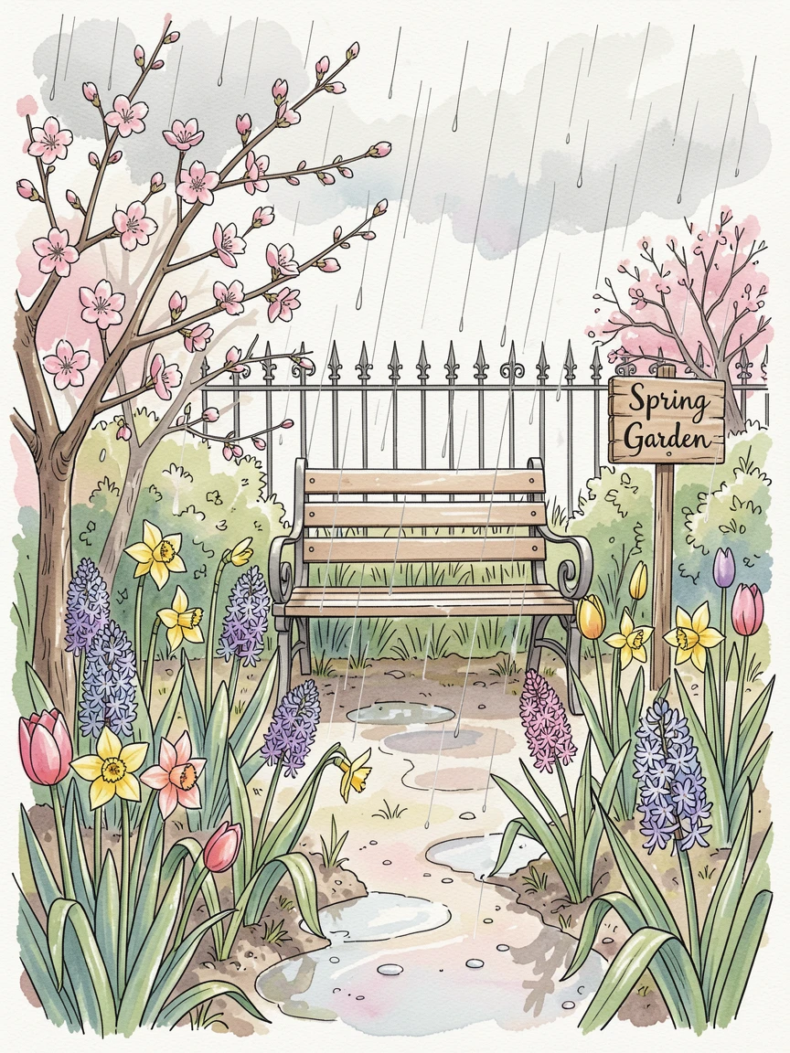 A spring rain shower over a garden bursting with fresh blooms, soft light and seasonal color bringing the moment to life.