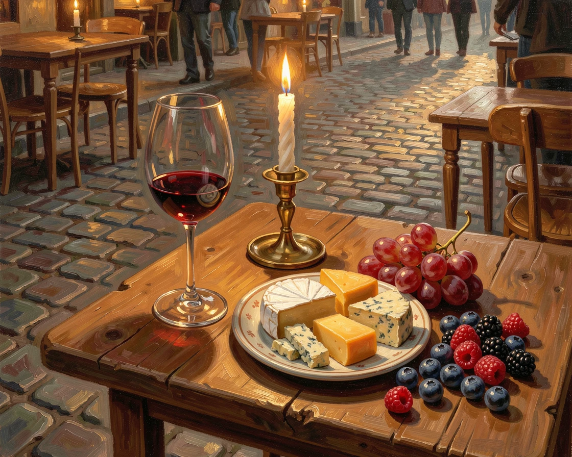 Beneath soft candlelight, a wine glass beside a plate of cheese and grapes, at an outdoor cafe table overlooking a cobblestone street, sunlight catching the glisten of fresh berries.