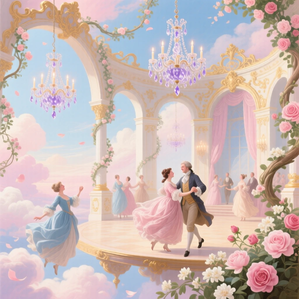 A floating ballroom where chandeliers hang from flowering vines in the sky  