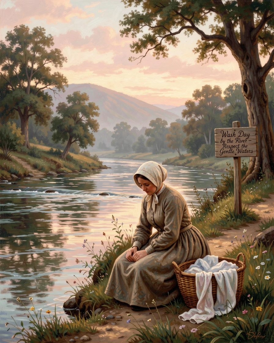 A washerwoman kneels at the riverbank, her basket beside her.