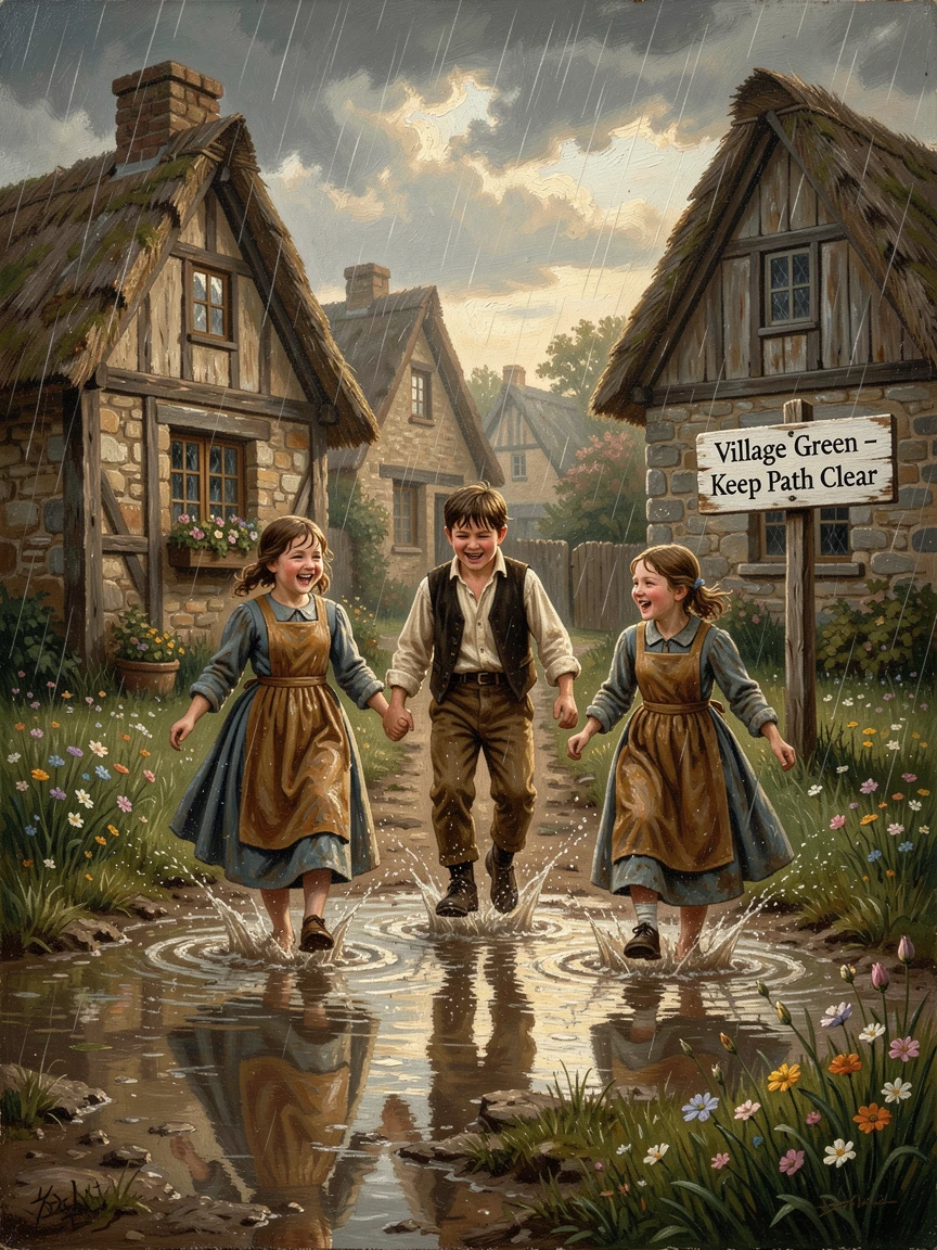 A springtime rain shower with children splashing joyfully in puddles, with warm, inviting light glowing throughout the scene, offering a joyful, memorable seasonal scene for any collection