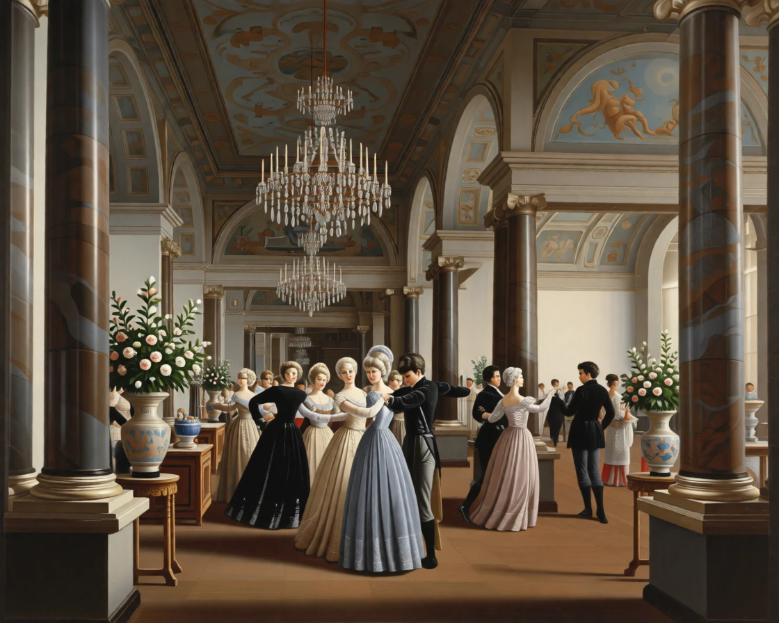 Noble guests dancing a waltz beneath crystal chandeliers during a rare and cherished family gathering, set in a frescoed reception hall lined with marble columns, with fresh flowers arranged in porcelain vases throughout the room; rich architectural framing lends grandeur without crowding the figures, radiating celebration, elegance, and social grace.