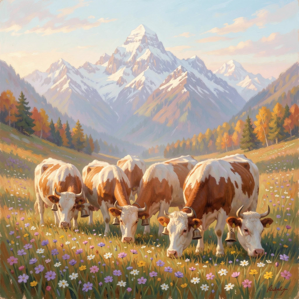 A remote alpine meadow scattered with wildflowers, snow-capped peaks rising behind a herd of grazing cattle with bells, in the golden days of autumn, evoking timeless charm and quiet elegance.