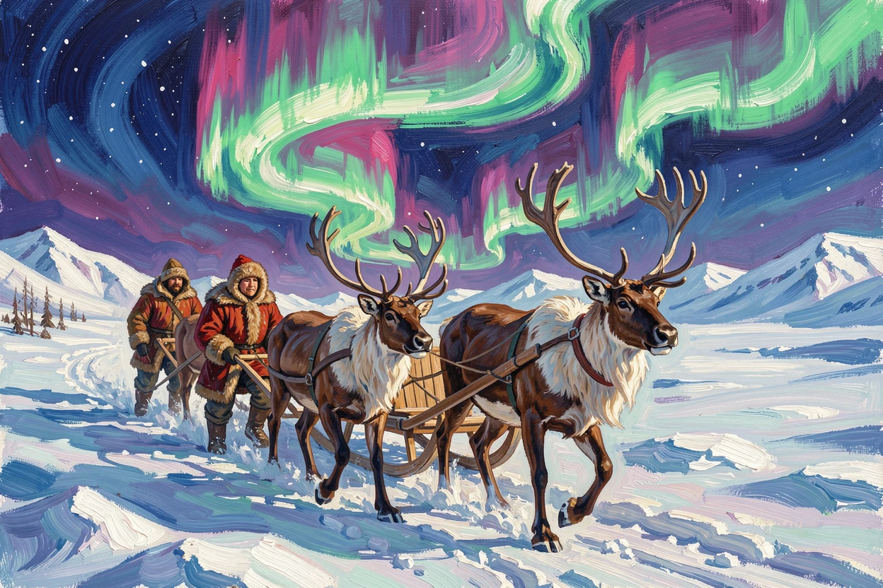 Reindeer herders guiding their sled across the snowy Lapland tundra beneath the aurora.