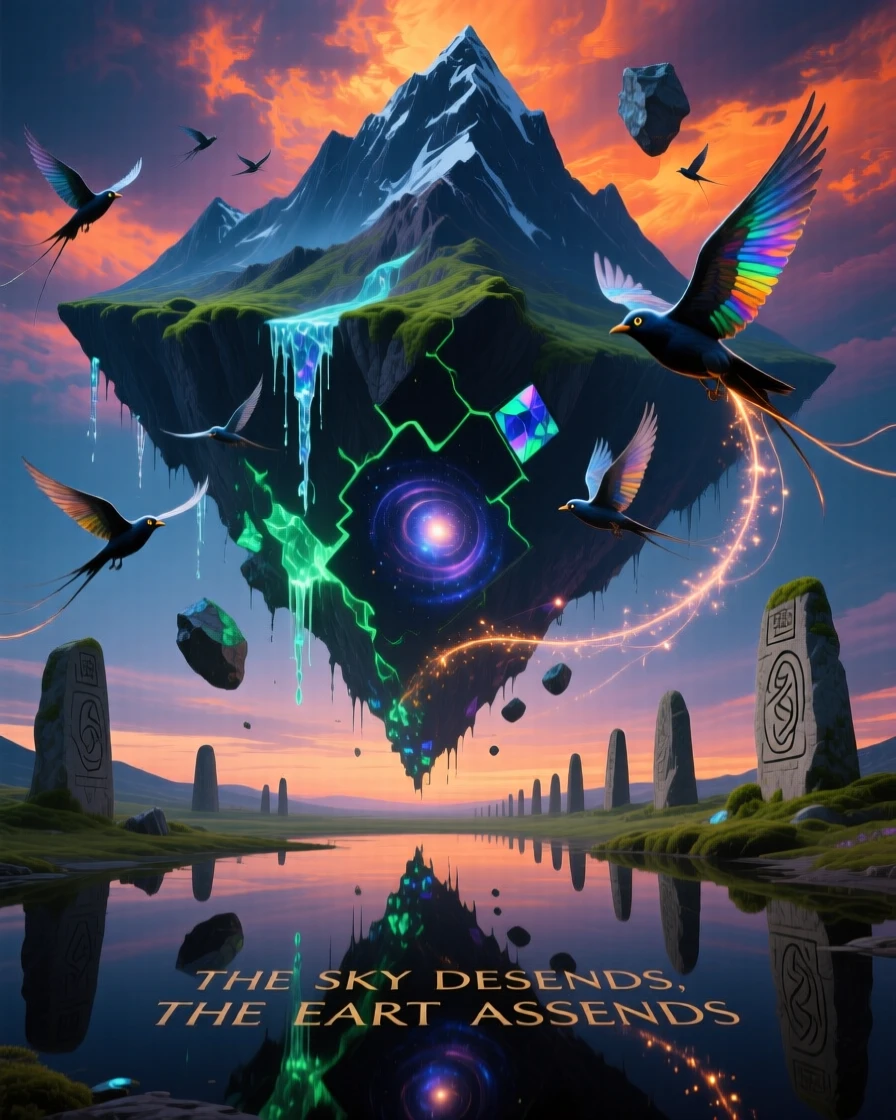 An inverted mountain range hanging from a solid sky tilts at an impossible angle without ever falling, while flocks of birds weave between its floating pieces.