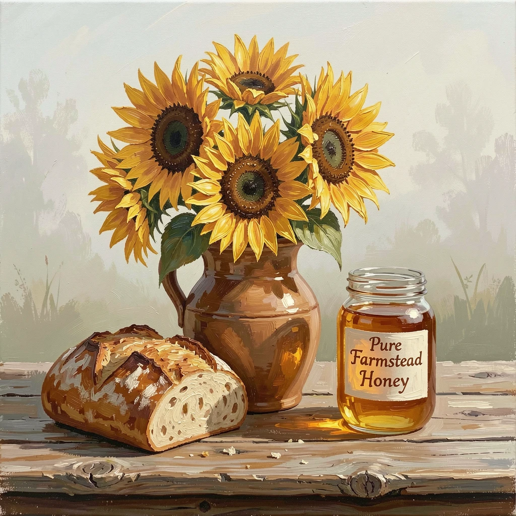 A bouquet of sunflowers stands in a rustic ceramic jug beside a loaf of crusty bread and a jar of golden honey on a farmhouse table, the air carrying a faint mist that softens distant shapes without obscuring the overall view.