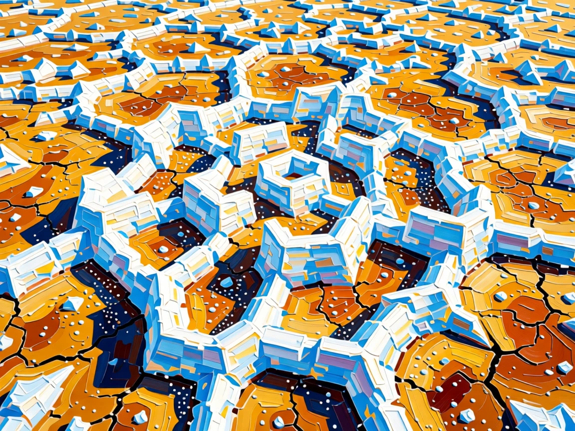 A macro image of salt crystals forming geometric patterns on a drying lake bed