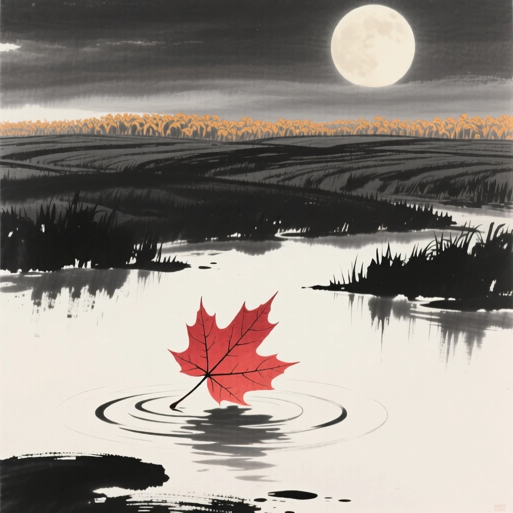 A single red maple leaf drifts down onto the surface of a still pond, as the harvest moon begins to rise over the fields.