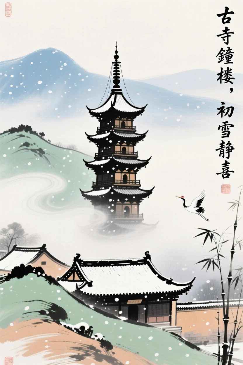 A bell tower rising above the mist of an ancient monastery, suffused with quiet joy, under the first snow of winter.