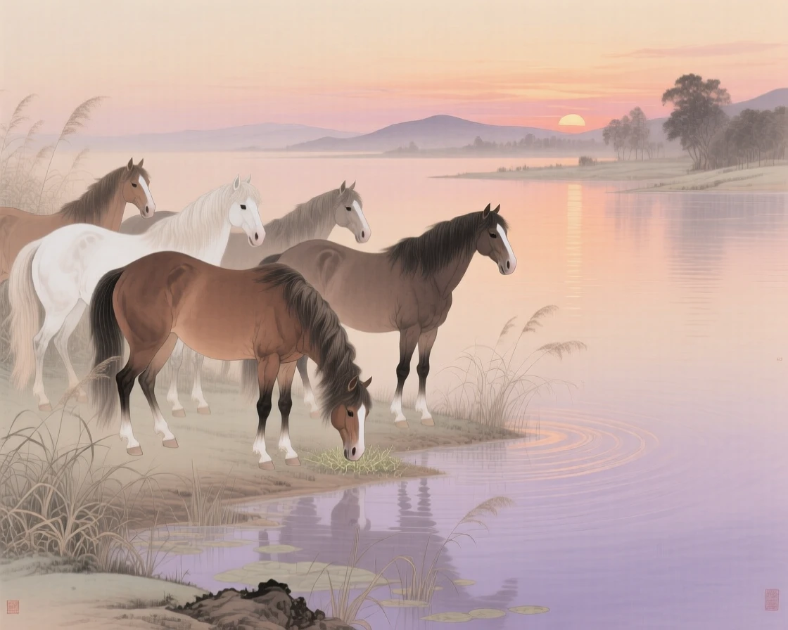 A herd of wild horses standing at the edge of a quiet lake at dusk