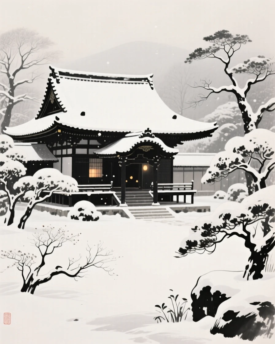 A quiet snowbound temple during the depths of winter within a snow-dusted garden, balanced between soft shadow and warm points of light, suggesting nostalgia and gentle celebration.