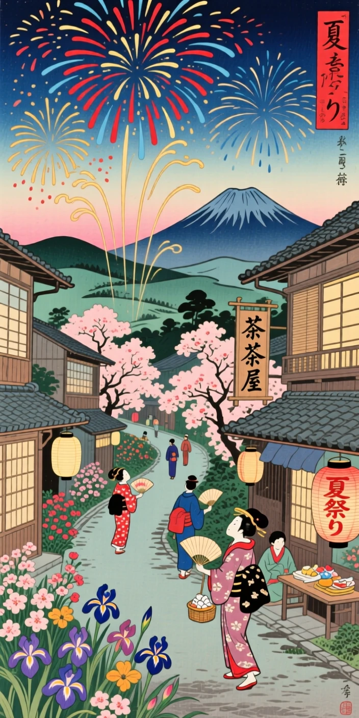 A fireworks display moving through a flower-lined village street.