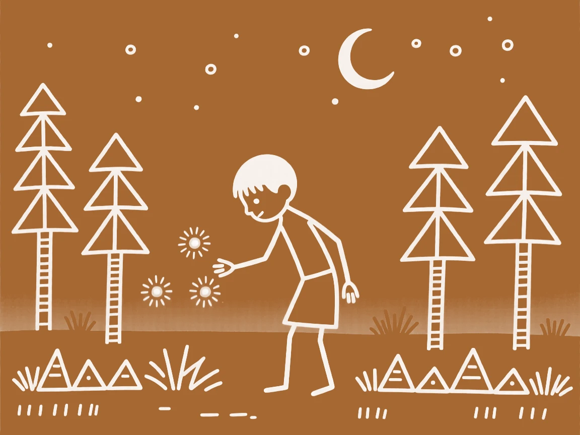 A shy young boy catching fireflies at dusk.