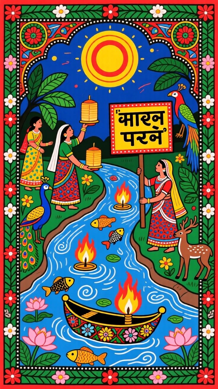 Villagers releasing floating lamps onto a river during a sacred evening.