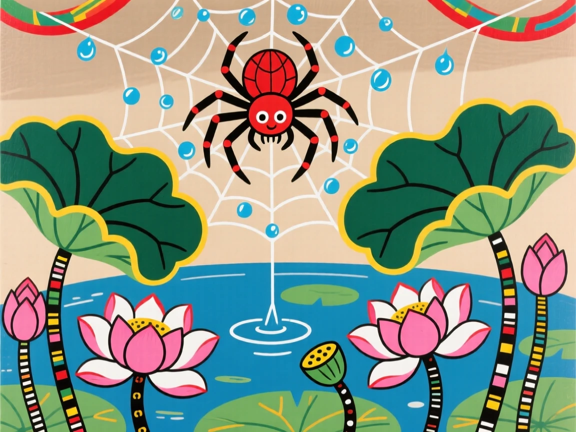 A spider spinning a dew-covered web hovering above a lotus pond.