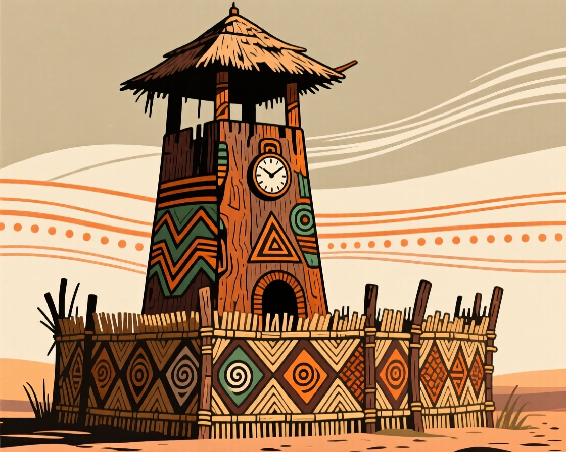 A weathered watchtower surrounded by a protective reed fence.