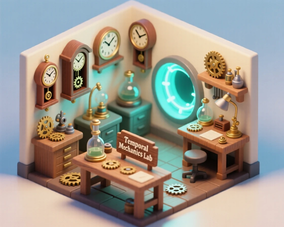 A time-traveling inventor's workshop filled with clocks, gears, and a glowing portal humming quietly in the corner.