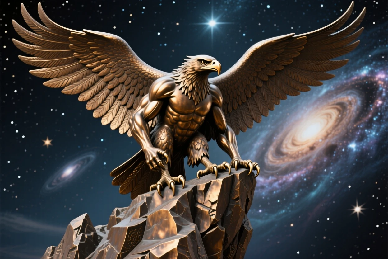 A harpy perched high on a jagged cliff, set against a vast celestial backdrop, radiating awe and grandeur